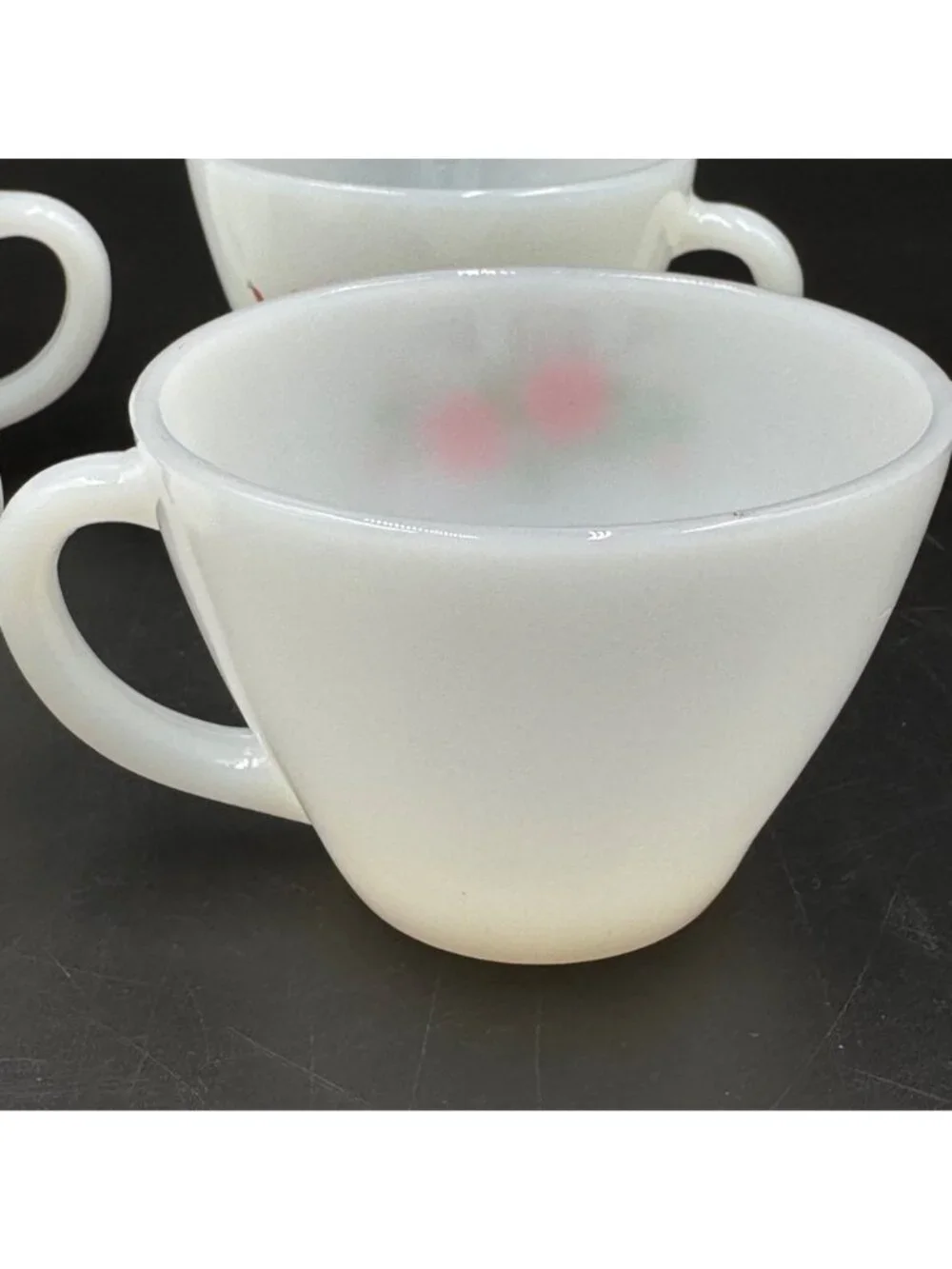 Anchor Hocking Fire-King Milk Glass Teacups W/ Red Rose Pattern Set Of 4 Vintage